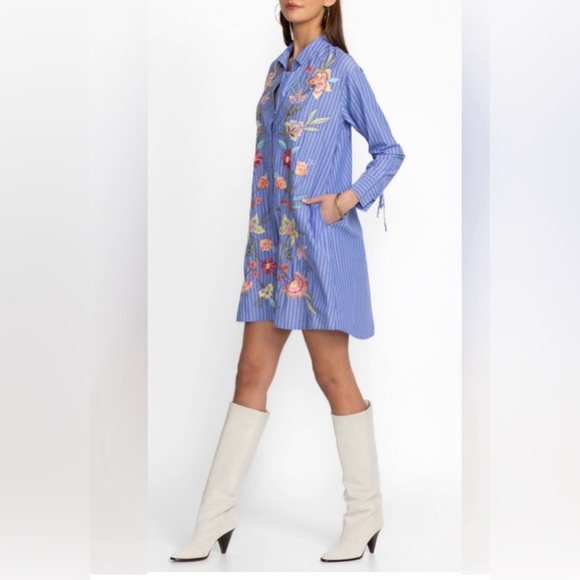 Johnny Was Camellia Embroidered Blue Striped Casual Tunic Dress Size M - Picture 3 of 12